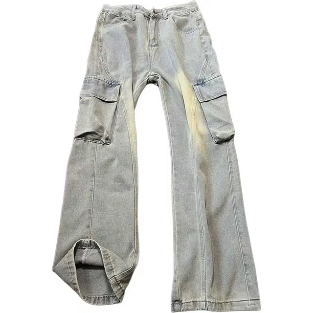 华夏儿女 美式复古高街直筒潮流百搭结构做旧微喇侧边大口袋休闲舒适工装裤 男女同款