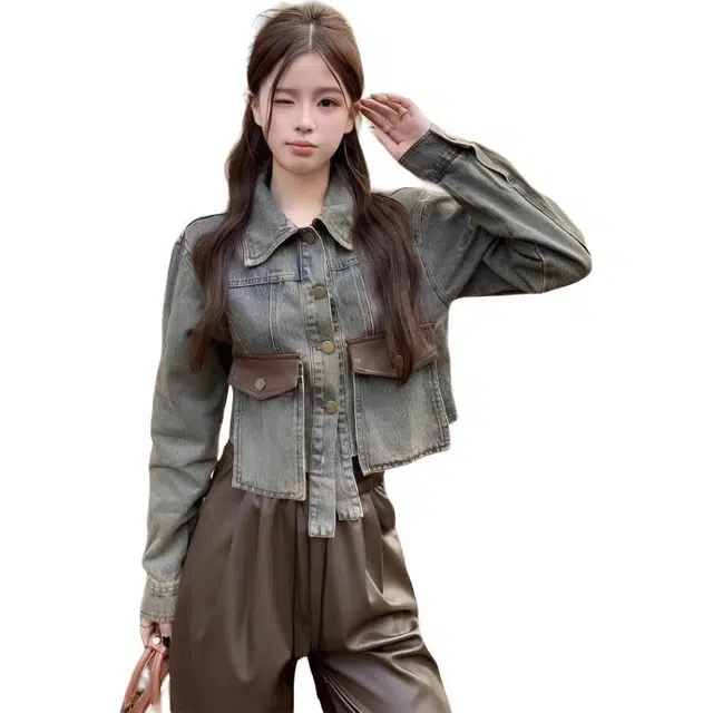 纤丝鸟 设计感拼接甜酷显瘦短款上衣时尚百搭截短外套 女款