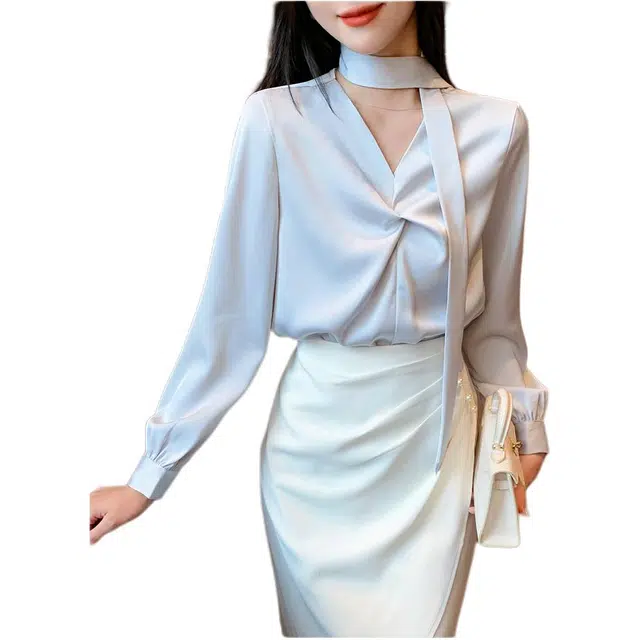 缪斯的诱惑 韩版百搭系带长袖缎面女上衣小衫衬衫 女款