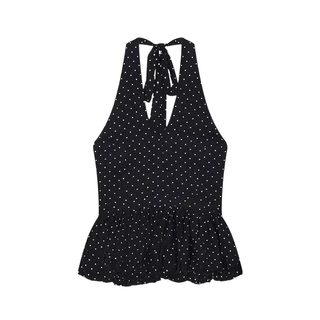 望莱仕 辣妹波点设计小众上衣夏季甜辣锁骨收腰多巴胺花苞挂脖式背心 女款