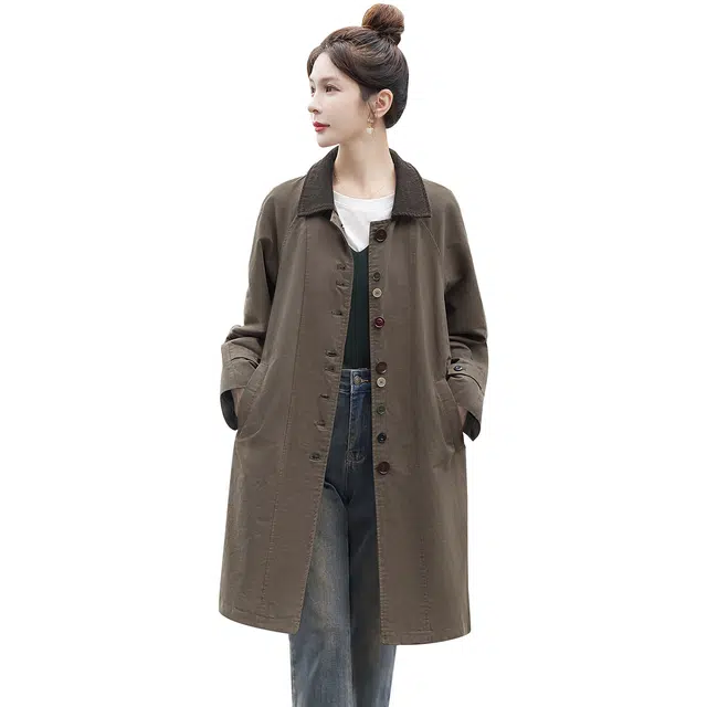 丝柏舍 插肩袖通勤简约休闲风长袖单排扣中长款外套翻领风衣 女款