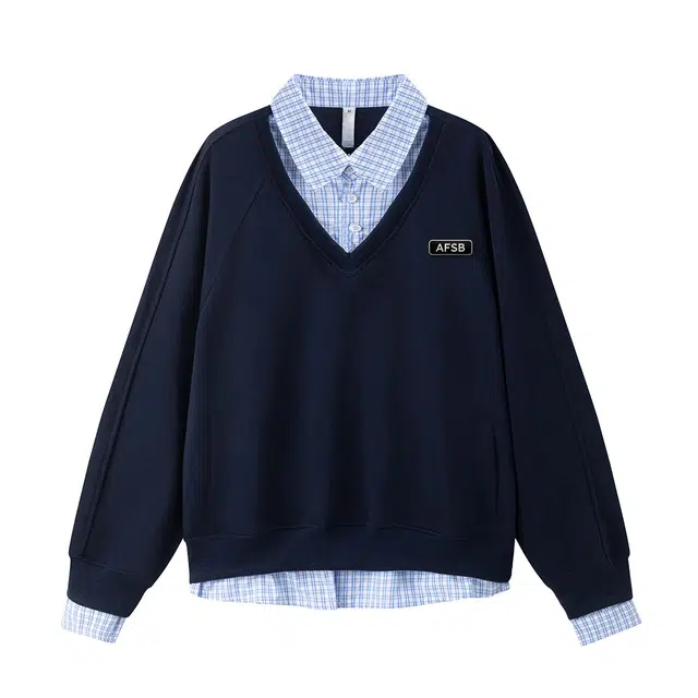 艾梵斯贝 美式复古潮流格纹衬衫假两件小众设计款无性别日常通勤百搭宽松休闲时尚高级感法术慵懒感文艺风长袖拼接卫衣 男女同款