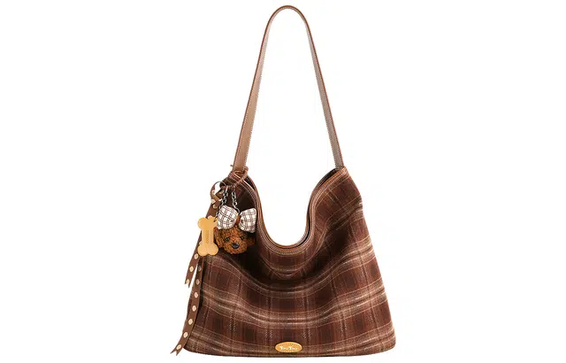 TOUTOU Vintage Plaid Tote Bag Chocolate Brown