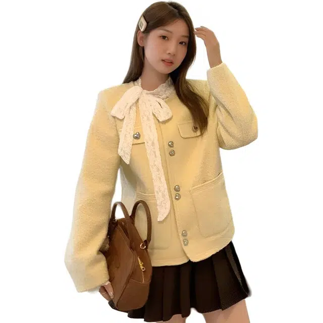 纤丝鸟 圆领小香风甜美宽松遮肉气质短款上衣截短外套 女款