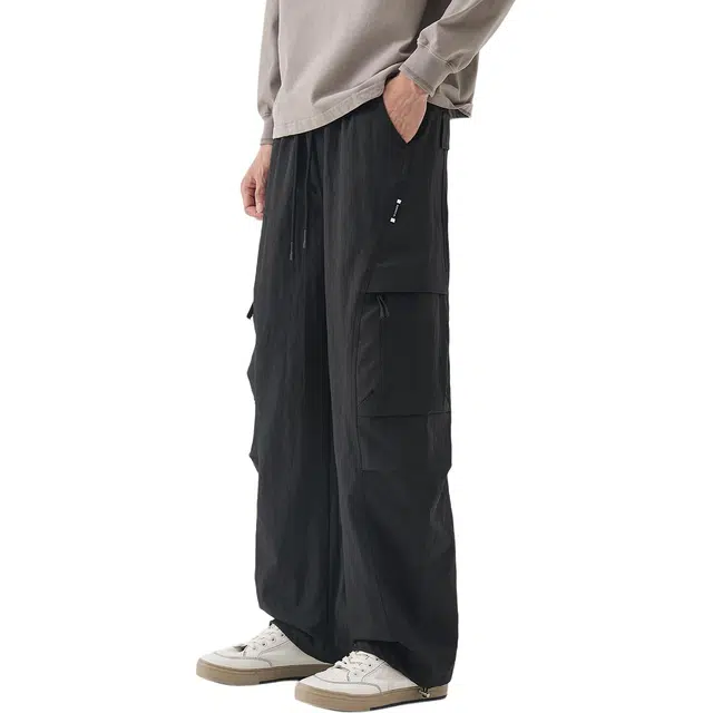 协协乐 高街机能风战术裤拼接氛围感秋冬季美式潮牌宽松直筒阔腿垂坠感青少年弹力抽绳百搭休闲运动痞帅长裤工装裤 男款