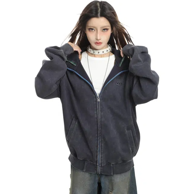 小卷要加油 美式灰色拼接假两件格子连帽外套女春秋做旧短款拉链开衫上衣卫衣 女款