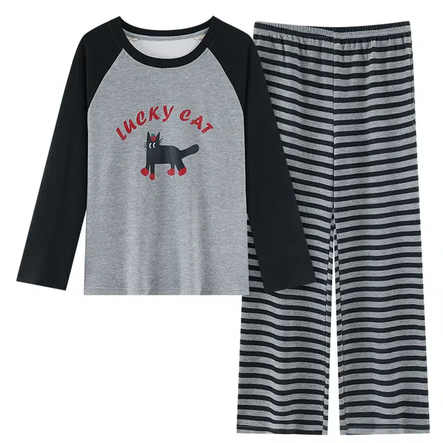 桔内 秋冬季德绒蓄温保暖可爱卡通猫咪条纹家居服 睡衣套装 女款