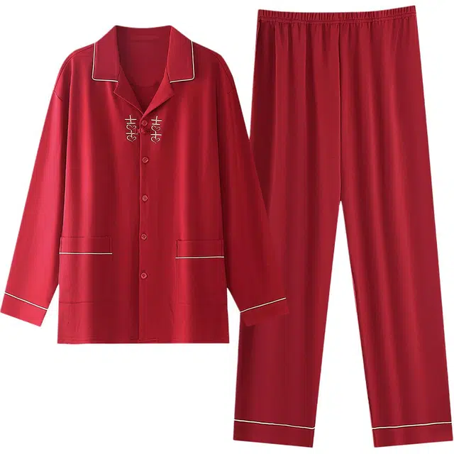 莫代尔 红色本命年男女结婚新婚情侣春秋季纯棉长袖中式家居服睡衣套装 男款