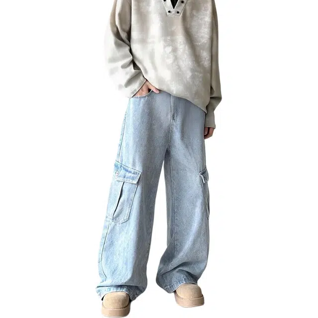 么宁 户外大口袋工装百搭复古美式水洗做旧青少年休闲牛仔裤 男款