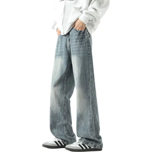 图兰朵 美式复古高街水洗做旧高级感中腰显高显瘦垂感百搭通勤直筒牛仔裤 男女同款