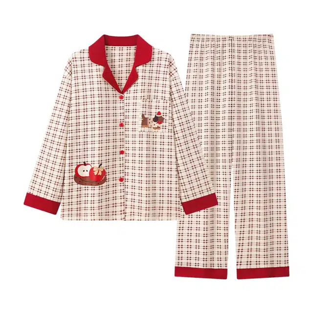 静英鸾 简约休闲时尚翻领方格卡通小狗亲肤舒适可外穿家居服睡衣套装 女款