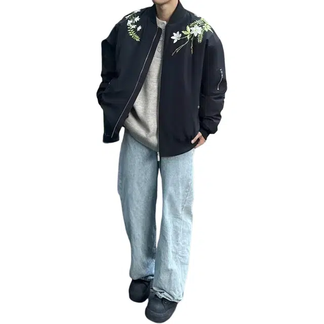 洞洞拐 美式复古花卉花环字母刺绣拉链休闲百搭棒球服宽松外套夹克 男女同款