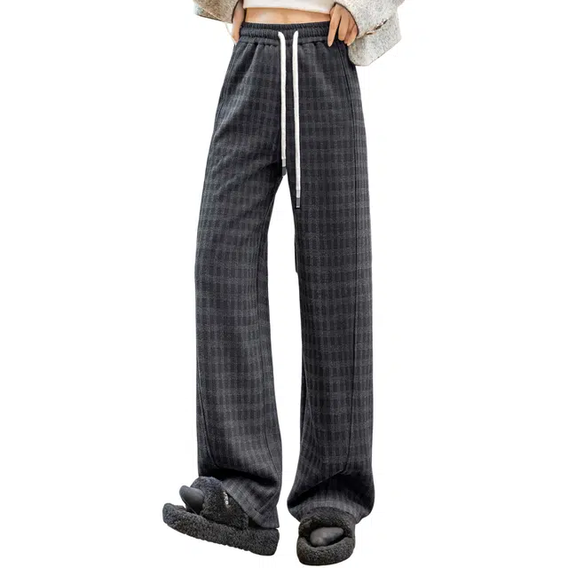 丝柏舍 拼色格纹抽绳松紧高腰长款阔腿复古宽松款休闲裤 女款