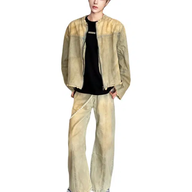 冈哉 美式复古牛仔做旧外套街头经典重水洗中性风高街潮牌风格夹克工艺廓形慵懒范日常通勤柔软舒适亲肤休闲运动套装 男女同款