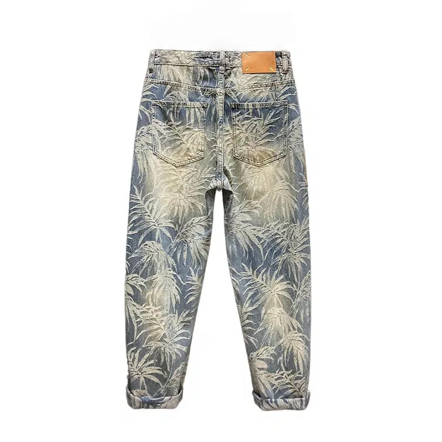 半空山 美式高街枫叶提花小众高级设计感潮流痞帅宽松直筒牛仔裤 男女同款