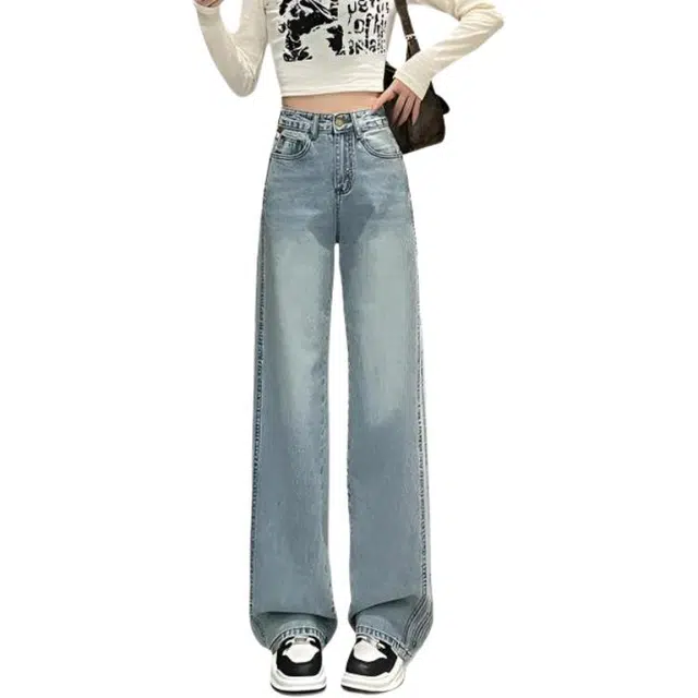 邦固依品 阔腿复古怀旧撞色皮牌侧边窄版拖地垂感长裤子牛仔裤 女款