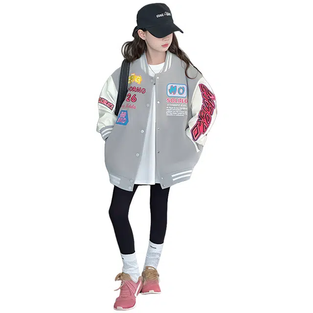 黑恐龙棒球服 拼色毛呢刺绣拼皮夹克女中大童休闲 儿童款