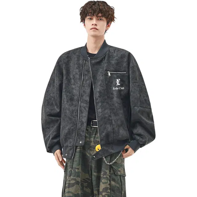 而度 美式复古棒球领质感夹克字母印花细腻工艺高街痞帅风皮衣 男女同款