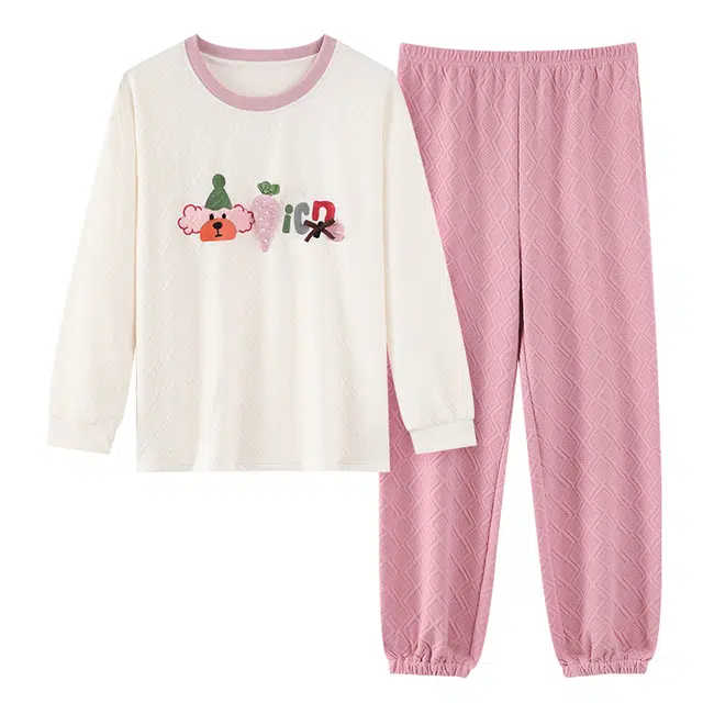 桔内 秋冬季空气层保暖蓄温精致刺绣可爱卡通风家居服睡衣套装 女款