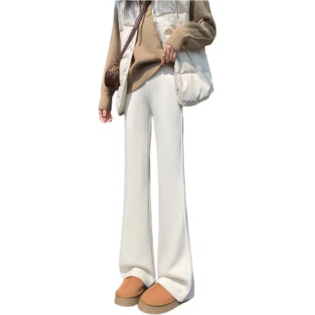 思蓓儿 条绒针织微喇裤女加绒加厚高腰垂感显瘦辣妹喇叭裤拖地裤休闲裤 女款