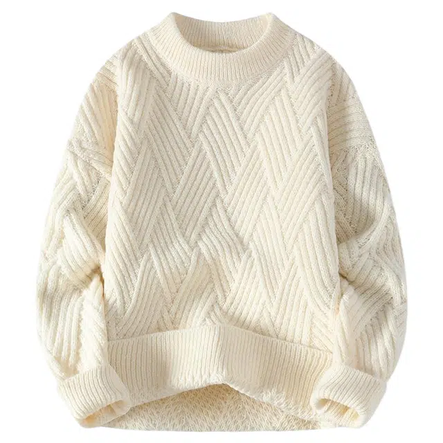 棉基因 文艺风纯色慵懒风菱形结构纹理百搭长袖针织宽松情侣美式复古外套潮流休闲亲肤套头打底毛衣 男女同款