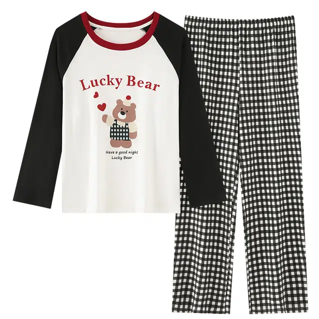 桔内 秋冬季德绒发热保暖格子卡通可爱小熊家居服 睡衣套装 女款