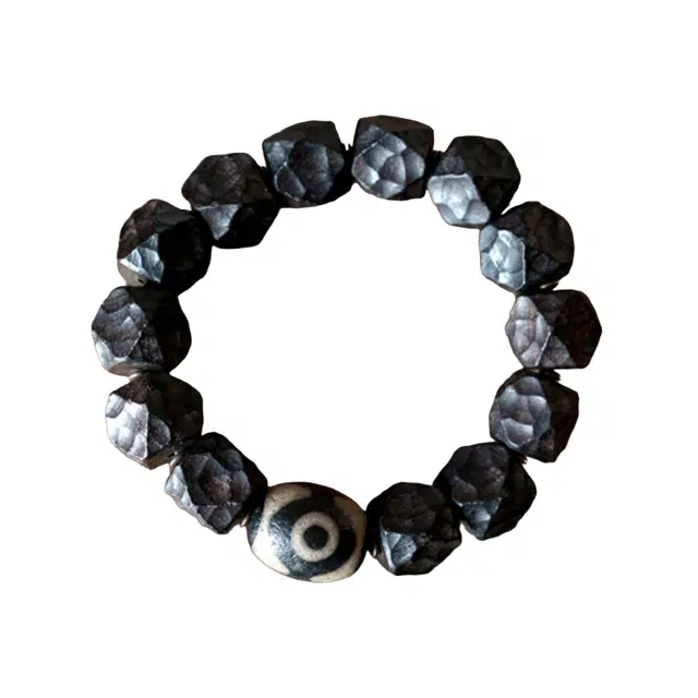 宣华意 【高品质】原创设计手工木质珠子 复古个性设计国潮民族风藏式天珠配饰文玩盘玩串珠#好运 单圈 黑檀 木作手串 男女同款情侣款