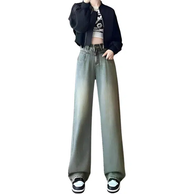 邦固依品 复古蓝阔腿女秋装美式高腰怀旧宽松直筒垂感窄版拖地裤牛仔裤 女款
