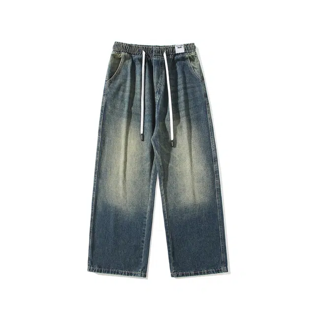 【dme】 潮牌高街美式复古做旧水洗宽松直筒裤休闲百搭中性松紧长裤时尚牛仔裤 男女同款