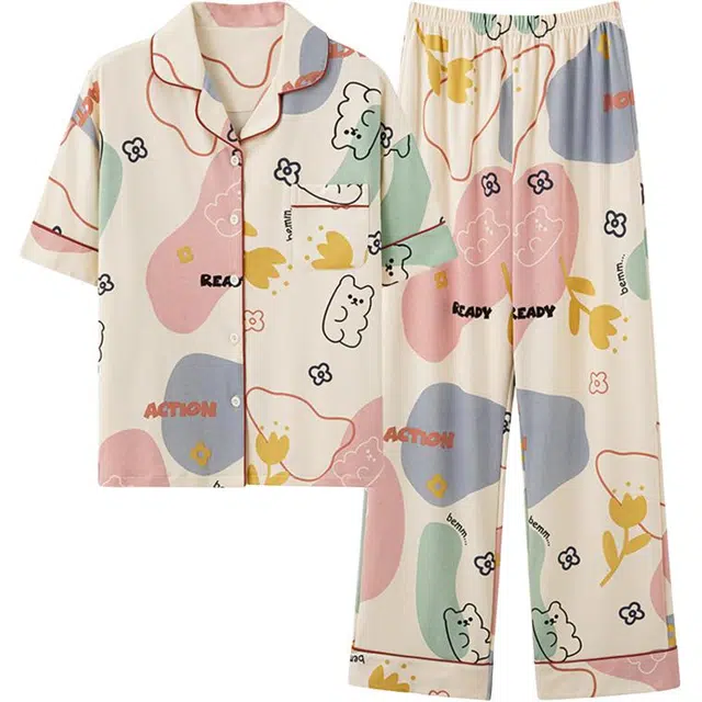 浮光岛屿 卡通单排扣休闲短袖上衣松紧腰长裤睡衣套装 女款 礼盒装 浅杏色