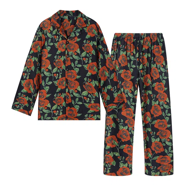 宫蝶 长袖羊绒玫瑰满印家居服宽松休闲开衫复古风可外穿睡衣套装 男款