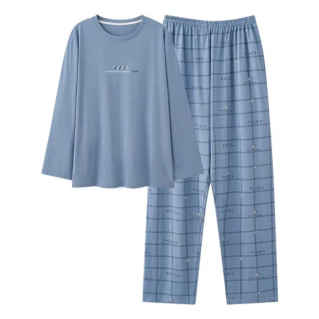 莫代尔 可外穿休闲简约轻盈透气圆领套头舒适柔软亲肤百搭长袖长裤家居服睡衣套装 男款