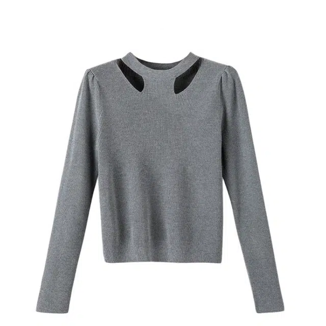 晚白 简约圆领高弹弹力肩部收褶针织衫 女款