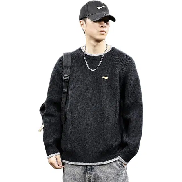 童先森 假两件自发热插肩袖男毛衣冬季圆领宽松针织运动秋冬打底衫卫衣 男款