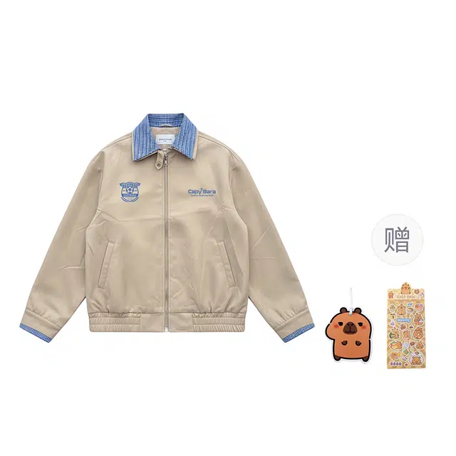 卡皮巴拉小黄豚 美式复古潮牌格纹撞色翻领高街防风外套春秋舒适休闲情侣学生党潮流百搭校园风宽松长袖夹克 男女同款