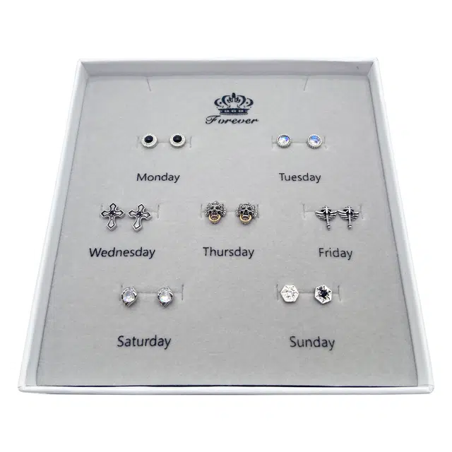 耳玺 【创意礼盒】一周耳饰套盒美式复古高街风时尚百搭日常通勤小众设计街头嘻哈高级感#好运 白水晶 耳钉 男女同款情侣款