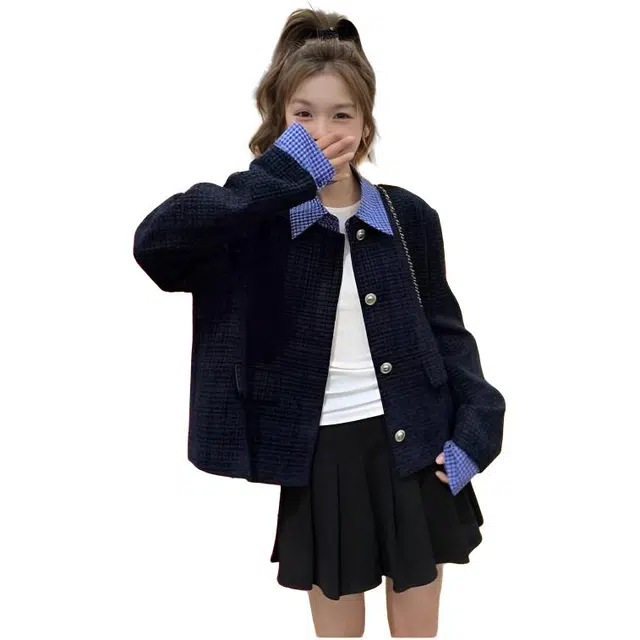 纤丝鸟 韩系温柔小香风百搭显瘦气质假两件上衣截短外套 女款