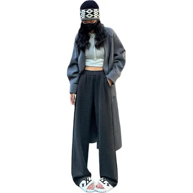 思蓓儿 人字纹加厚加绒裤子女冬季高腰窄版直筒小个子毛呢阔腿裤休闲裤 女款