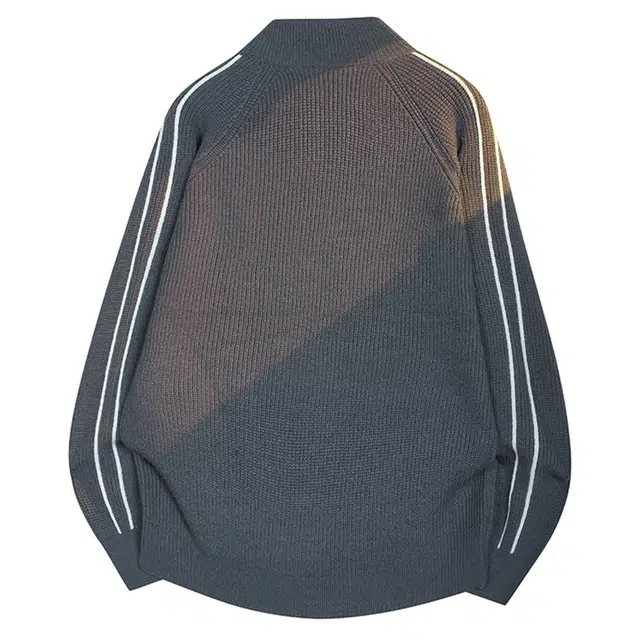 八哥 美式复古高街基础款纯色条纹拼接撞色舒适休闲百搭宽松设计感经典亲肤柔软立领慵懒开衫针织衫 男女同款