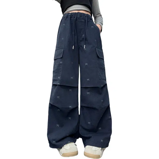 米囹 休闲长裤春秋款阔腿松紧腰工装裤 儿童款