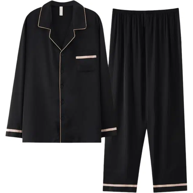 浮光岛屿 长袖凉感冰丝情侣睡衣简约纯色时尚大码休闲家居服睡衣套装 男款 礼盒装 黑色
