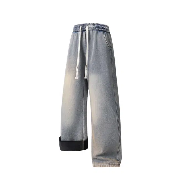 吾皇猫 复古潮牌废土风水洗做旧加绒加厚保暖宽松直筒垂感百搭休闲日常通勤牛仔裤 男女同款