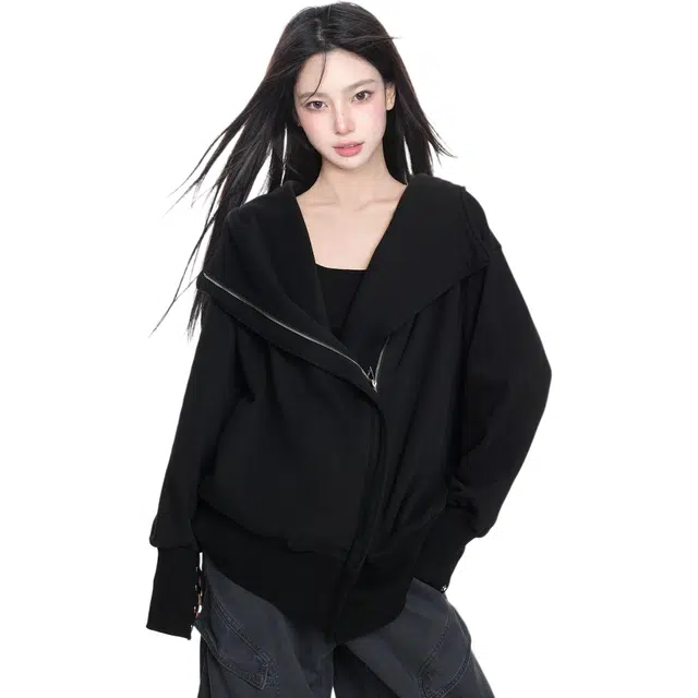 小卷要加油 美式不规则连帽设计感拉链帽衫中长款上衣卫衣 女款
