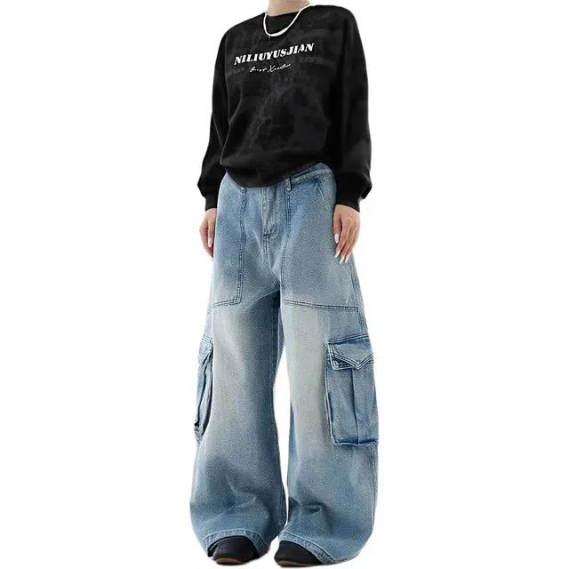 么宁 宽松百搭日系大口袋设计感直筒休闲青少年潮牌牛仔裤 男款