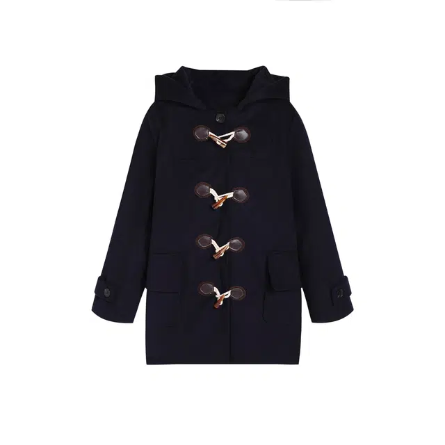 冰淇淋与鲸 纯色牛角扣连帽加厚夹棉多口袋中长款毛呢大衣 女款 绀色