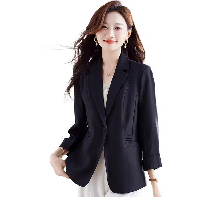 缪斯的诱惑 纯色修身高腰七分翻袖翻领西服干练职业正装商务面试一粒扣正肩西装 女款
