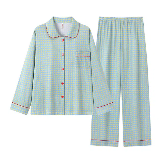 静英鸾 简约方格时尚翻领亲肤舒适可外穿家居服睡衣套装 女款