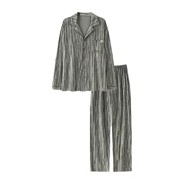 潞优野 纯棉简约可外穿家居服亲肤舒适翻领开衫款弹舒棉长袖 睡衣套装 男款