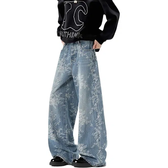 么宁 美式设计感提花图案复古水洗百搭青少年牛仔裤 男款