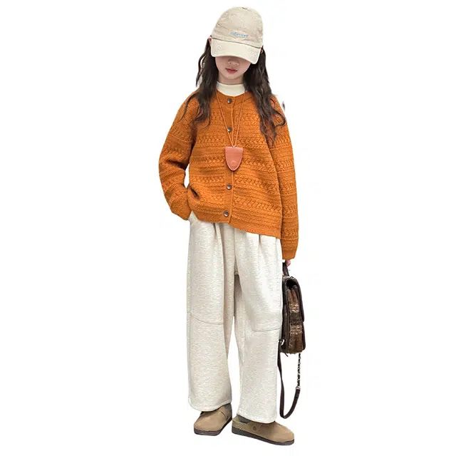 帕兰朵休闲运动套装 女童南瓜毛衣洋气时髦韩系范针织衫阔腿显瘦毛呢裤两件套保暖不易变形 青少年